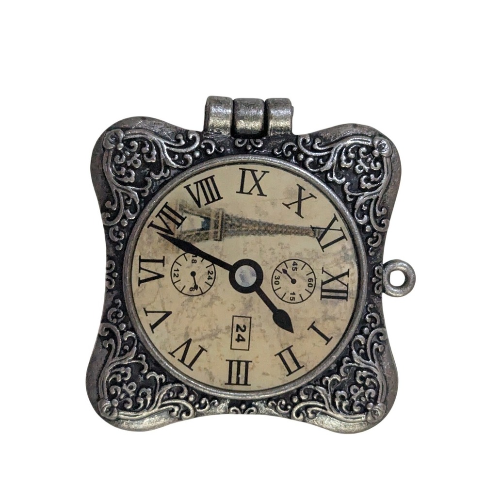 Vintage Silver Tone Eiffel Tower Clock Face Square Locket Pendant Parisian Style